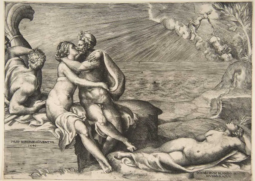 O Amor de Juno e Jupiter reacende após ela colocar o cinto de Vênus - Giulio Bonasone 1546