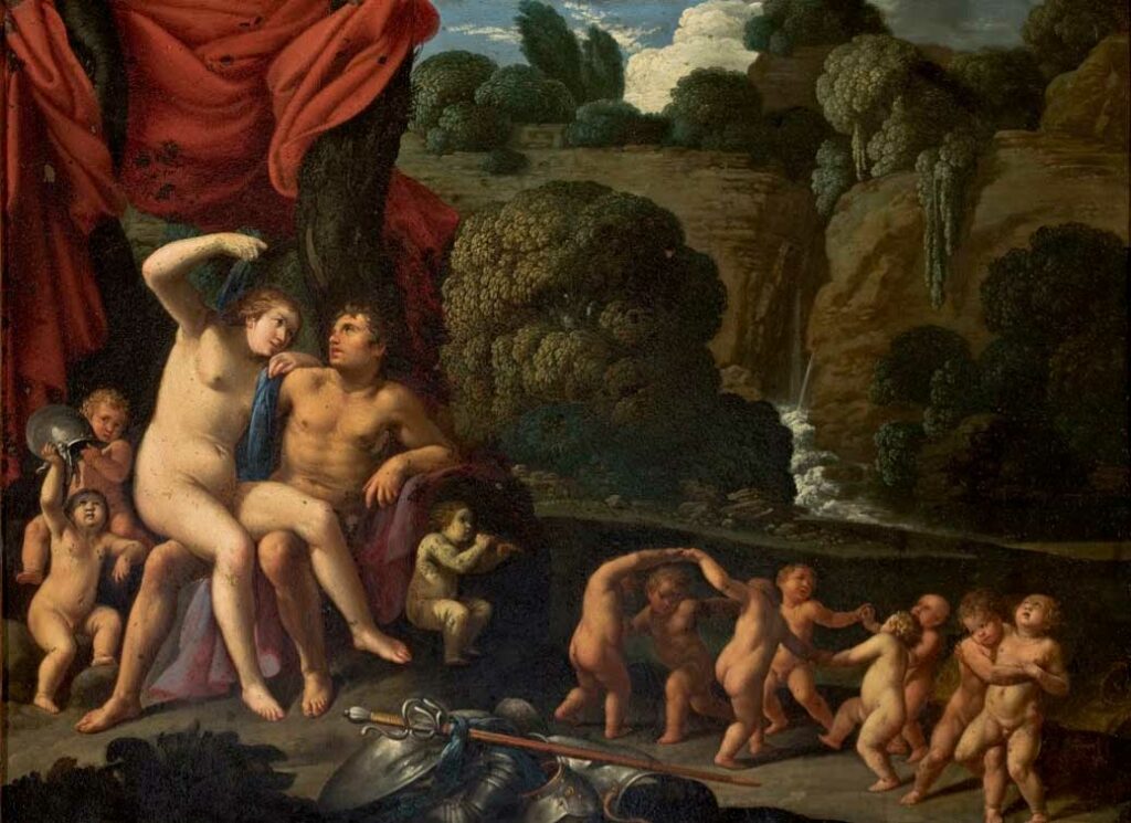 Marte e Vênus com uma roda de cupidos e paisagem - Carlo Saraceni 1605-1610